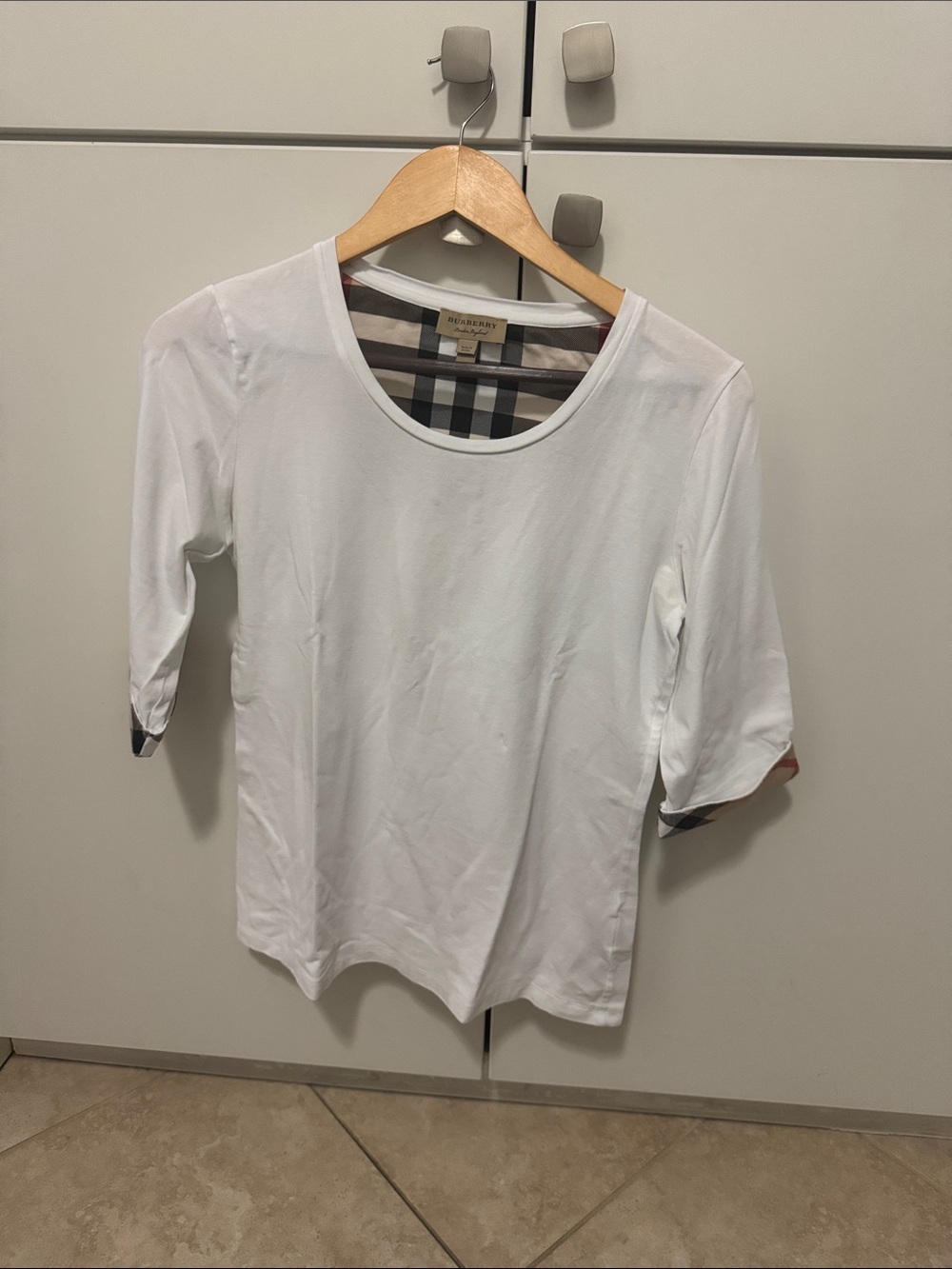 Burberry White Short-Sleeve Crewneck Tee with Check Trim
